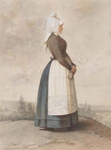 Apparel - woman standing in full figure with white apron, 1810-1857. Creator: Otto Wallgren
