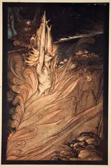 Appear, flickering fire, Encircle the rock with thy flame! Loge! Loge! Appear! 1910. Creator: Arthur Rackham