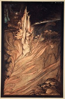 Appear, flickering fire, Encircle the rock with thy flame! Loge! Loge! Appear! 1910. Creator: Arthur Rackham