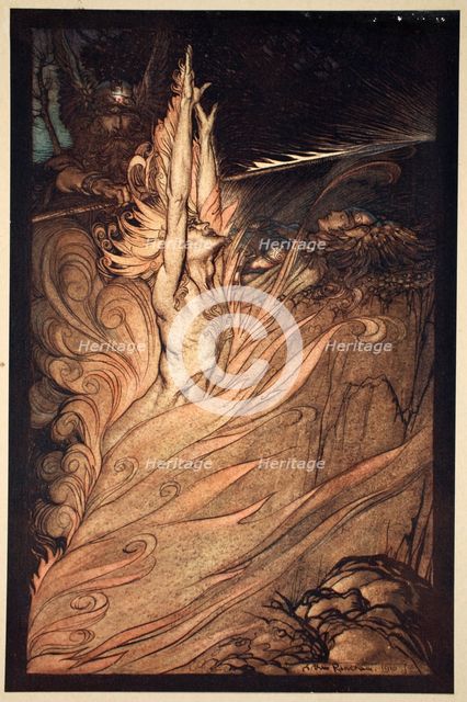 'Appear, flickering fire, Encircle the rock with thy flame! Loge! Loge! Appear!', 1910.  Creator: Arthur Rackham.