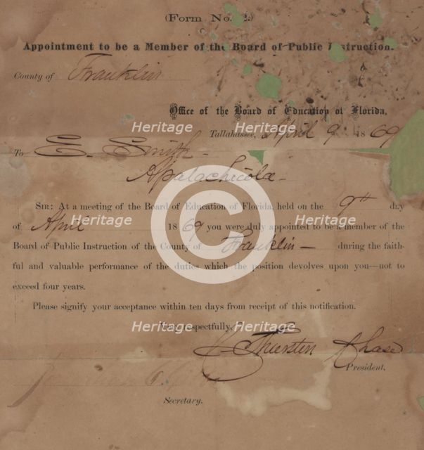 Appointment to be a Member of the Board of Public Instruction, 1869. Creator: Unknown.
