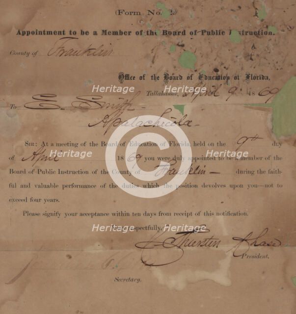 Appointment to be a Member of the Board of Public Instruction, 1869. Creator: Unknown.