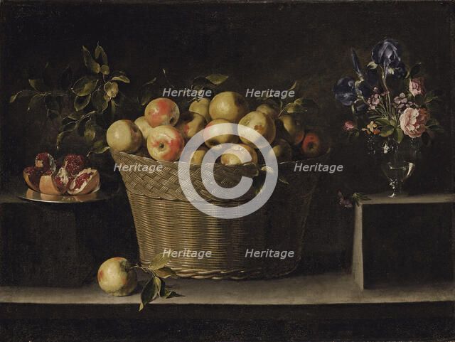 Apples in a wicker basket, an pomegranate on a silver plate and flowers in a glass vase. Artist: Zurbarán, Juan de (1620-1649)