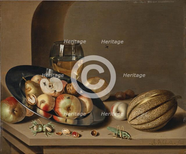 Apples, pears, peaches and walnuts on a pewter plate, First Half of 17th cen.. Creator: Bosschaert; Ambrosius; the Younger (1609-1645).
