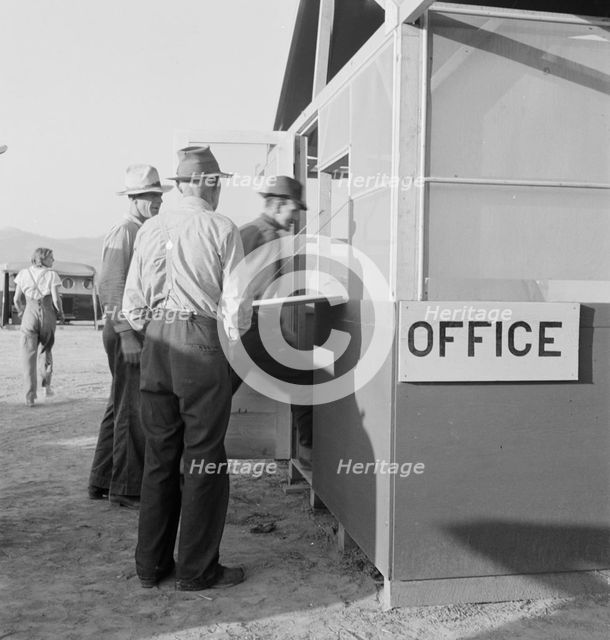 Applicants at registration tent on opening day..., Merrill, Klamath County, Oregon, 1939. Creator: Dorothea Lange.
