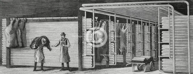 Application of cold to industry, Raoul Pictect system, cool room for meat, Chicago, US, 1883.  Creator: Unknown.