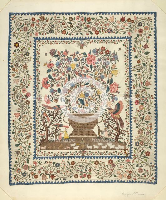 Applique and Embroidered Coverlet, 1935/1942. Creator: Margaret Concha.