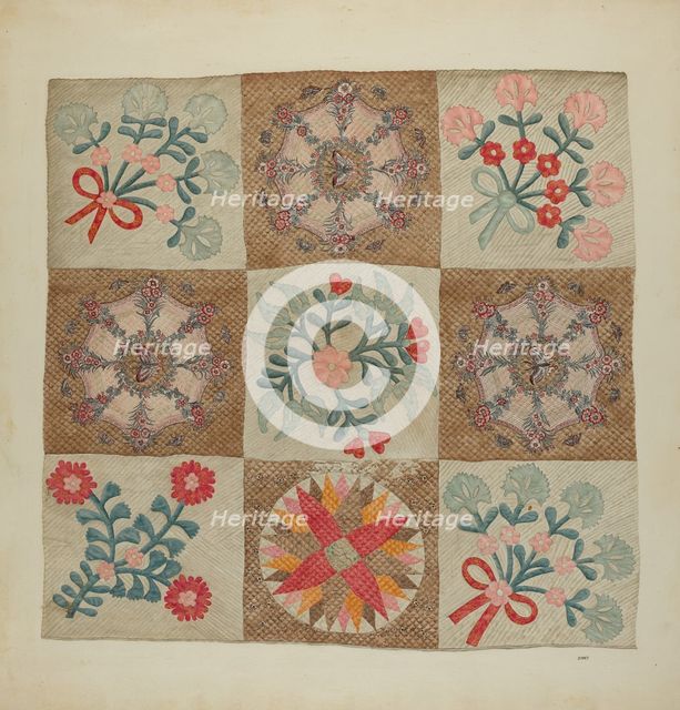 Applique and Patchwork Quilt, c. 1939. Creator: A. Zimet.