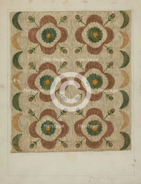 Applique and Quilted Coverlet, 1935/1942. Creator: Manuel G. Runyan.