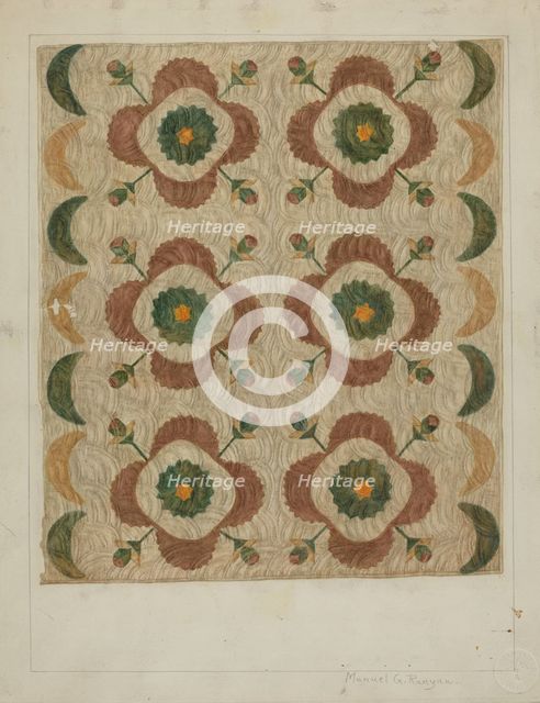 Applique and Quilted Coverlet, 1935/1942. Creator: Manuel G. Runyan.