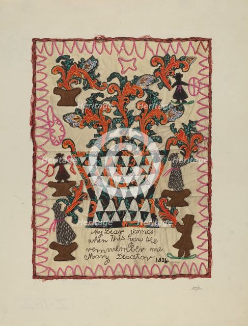Applique Linen Panel, 1935/1942. Creator: Beverly Chichester.