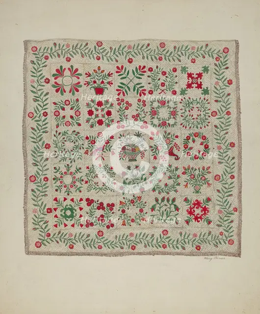Applique Quilt, 1935/1942. Creator: Mary Berner.