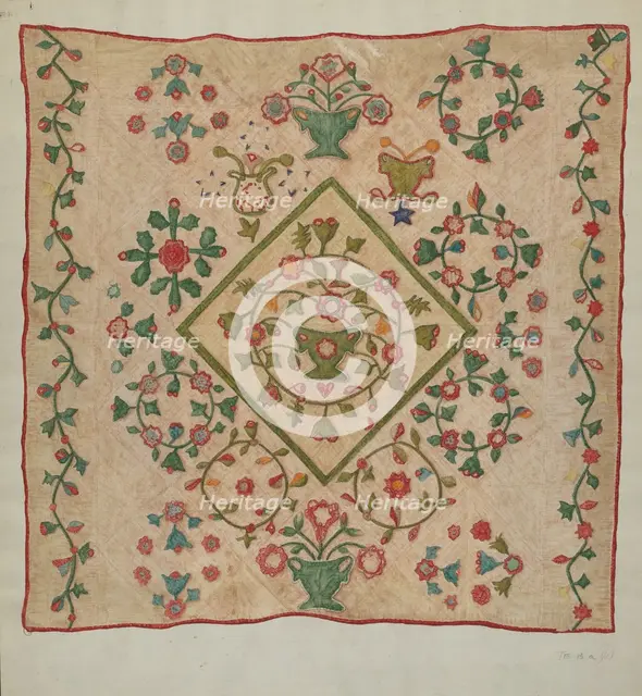 Applique Quilt, 1935/1942. Creator: Mildred E Bent.