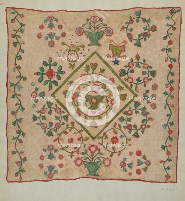Applique Quilt, 1935/1942. Creator: Mildred E Bent.