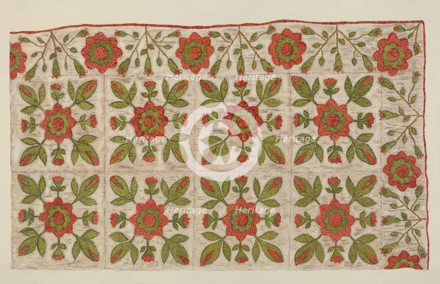 Appliqued Quilt, 1935/1942. Creator: Mildred E Bent.