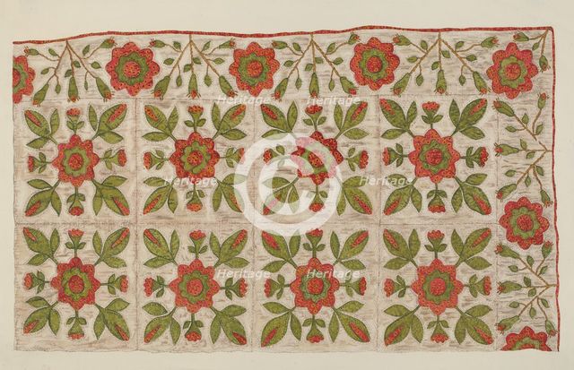 Appliqued Quilt, 1935/1942. Creator: Mildred E Bent.