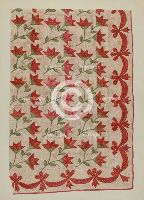 Appliqued Quilt, 1935/1942. Creator: Mildred E Bent.