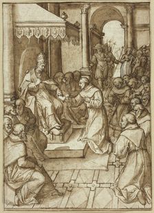 Approval of the Rules of the Franciscan Order by Pope Innocent III in 1209, n.d. Creator: Livio Agresti da Forlì