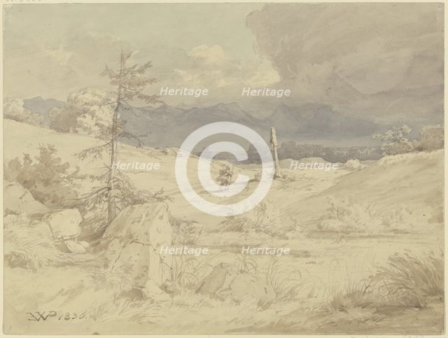 Approaching storm over a landscape with a wayside cross, 1836. Creator: Eduard Wilhelm Pose.