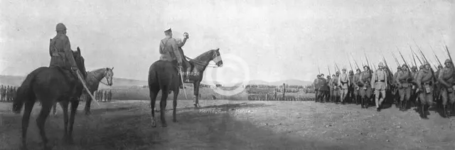'Apres la prise de Monastir; les contingentsrusses defilent devant le general Sarrail..., 1916. Creator: Unknown.