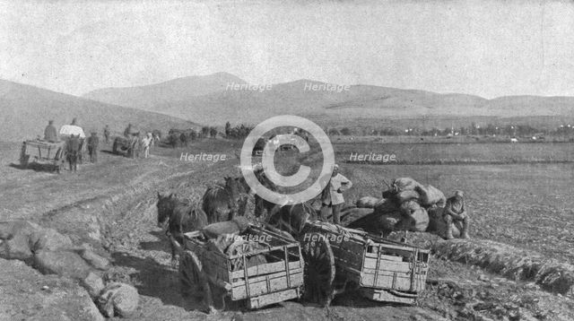 'Apres la prise de Monastir; les difficultes du ravitaillement sur les routes de la vallee..., 1916. Creator: Unknown.