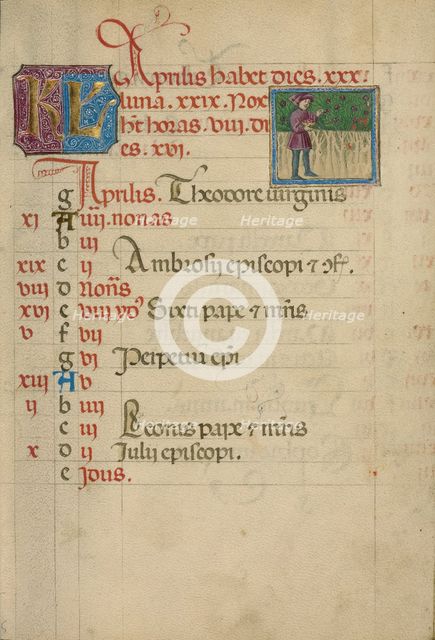 April Calendar Page; Gathering Flowers; Book of Hours, about 1460. Creator: Unknown.
