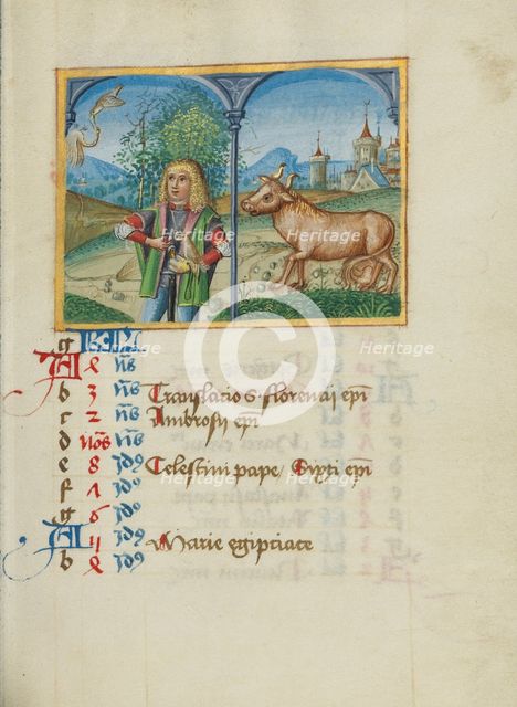 April Calendar Page; Hawking; Taurus; Book of Hours, early 16th century. Creator: Unknown.