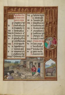 April Calendar Page: Milking and Butter Making: Taurus; Spinola Hours, about 1510-1520. Creator: Workshop of the Master of James IV of Scotland