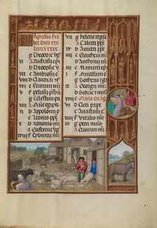 April Calendar Page: Milking and Butter Making: Taurus; Spinola Hours, about 1510-1520. Creator: Workshop of the Master of James IV of Scotland