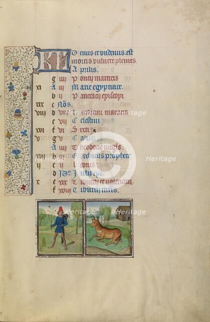 April Calendar Page: Picking Flowers: Taurus; Arenberg Hours, early 1460s. Creator: Workshop of Willem Vrelant.