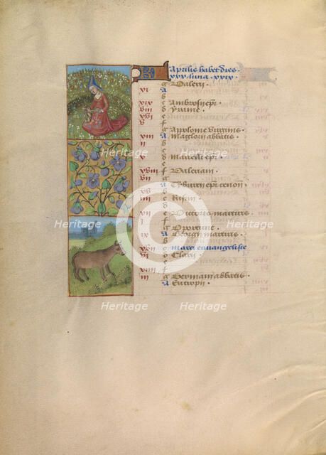 April Calendar Page; Picking Flowers; Taurus; Katherine Hours, about 1480-1485. Creator: Unknown.
