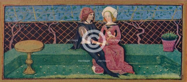 April - lovers in a garden, 15th century, (1939). Creator: Robinet Testard.