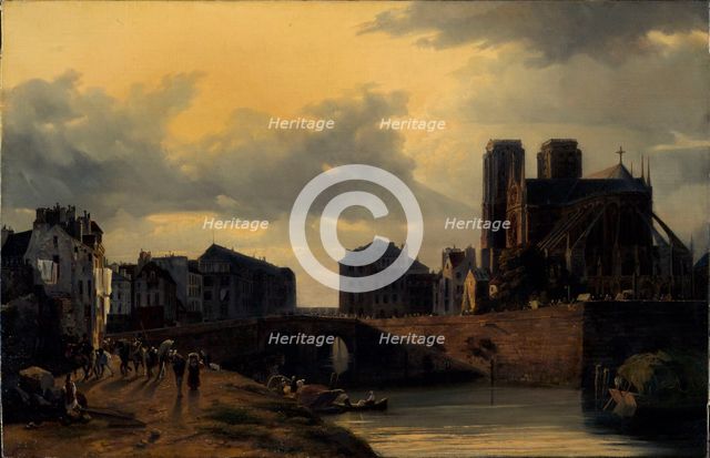Apse of Notre-Dame and the bridge at Hôtel-Dieu, 1835.  Creator: Louis Matout.