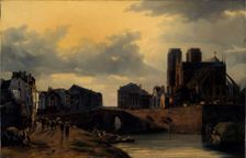 Apse of Notre-Dame and the bridge at Hôtel-Dieu, 1835. Creator: Louis Matout