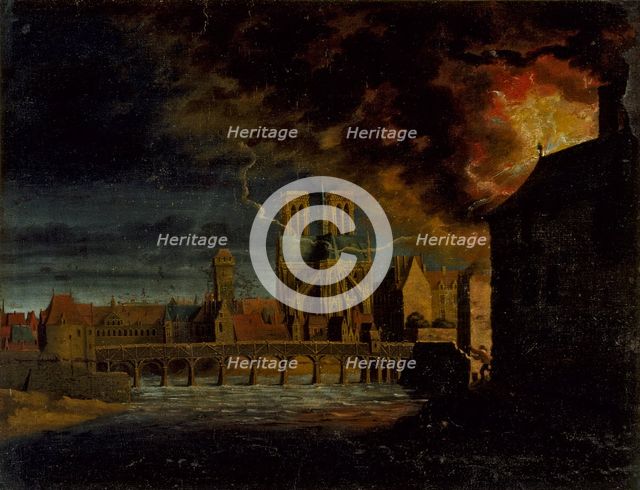 Apse of Notre-Dame, Pont de la Tournelle and ile Saint-Louis, during a fire, c1640. Creator: Unknown.