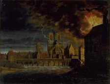 Apse of Notre-Dame, Pont de la Tournelle and ile Saint-Louis, during a fire, c1640. Creator: Unknown