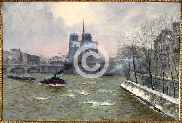 Apse of Notre-Dame, seen from the Pont de la Tournelle, snow effect, 1902. Creator: Siebe Johannes ten Cate.