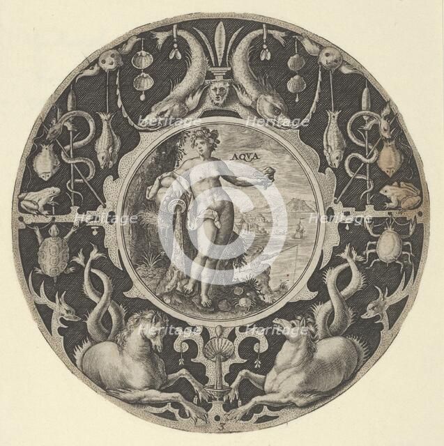 'Aqua' in a Decorative Border with Sea Creatures, from a Series of Circular Designs w..., 1590-1612. Creator: Crispijn de Passe I.