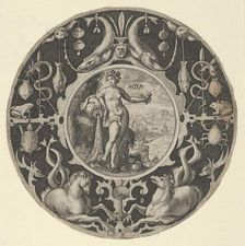 Aqua in a Decorative Border with Sea Creatures, from a Series of Circular Designs w..., 1590-1612. Creator: Crispijn de Passe I