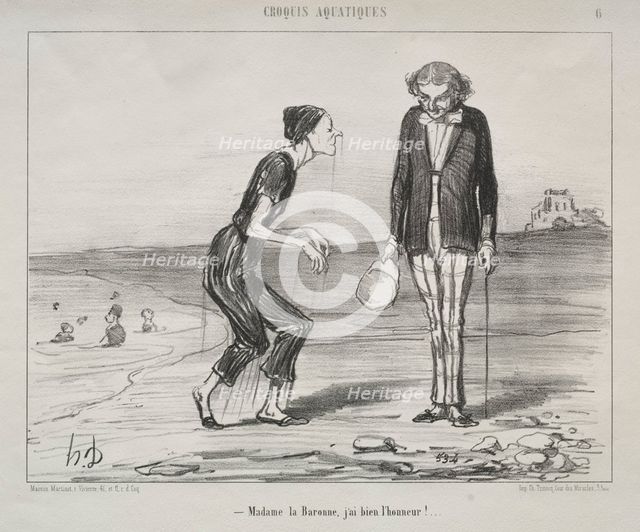 Aquatic Sketches, plate 8: Madame la Baronne, it is my honor..., 1853. Creator: Honoré Daumier (French, 1808-1879); Ch. Trinocq.