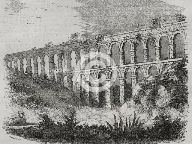 Aqueduct of Tarragona, also known as the Bridge of Ferreres or Pont del Diable, Catalonia, 1852. Creator: Cibera.