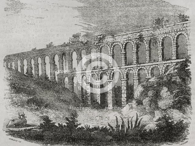 Aqueduct of Tarragona, also known as the Bridge of Ferreres or Pont del Diable, Catalonia, 1852. Creator: Cibera.