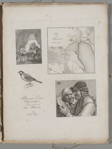 Art of the Lithograph: Four Engraving Samples, War Tent, Map of Toni, Bird, Dutch Farmer..., 1819. Creator: Alois Senefelder (German, 1771-1834)