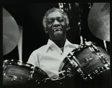Art Blakey on stage with the Jazz Messengers at the Forum Theatre, Hatfield, Hertfordshire, 1978. Creator: Denis Williams