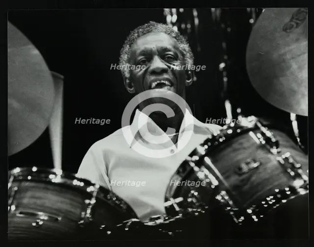 Art Blakey on stage with the Jazz Messengers at the Forum Theatre, Hatfield, Hertfordshire, 1978. Creator: Denis Williams.