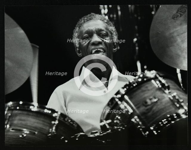 Art Blakey on stage with the Jazz Messengers at the Forum Theatre, Hatfield, Hertfordshire, 1978. Creator: Denis Williams.
