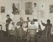 Art class with female subject, 1935. Creator: David Robbins