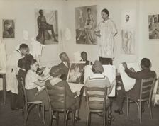 Art class with female subject, 1935. Creator: David Robbins