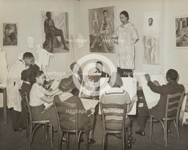 Art class with female subject, 1935. Creator: David Robbins.
