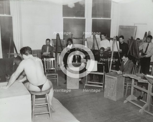 Art class with male subject at the Harlem Community Art Center, 1938. Creator: Basil.